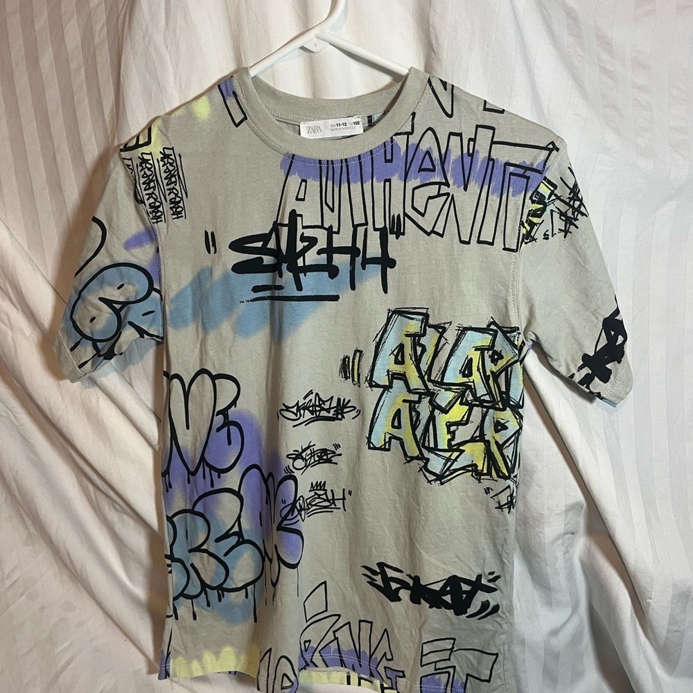 Zara Kids Boys Graffiti Print Graphic T-Shirt Gray Size 11-12 Urban Streetwear